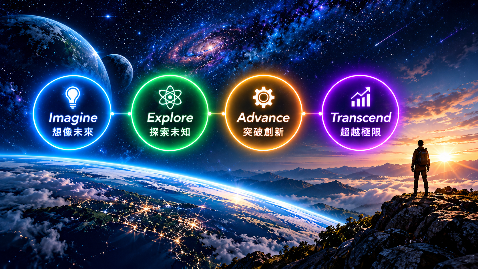 Imagine 想像未來、Explore 探索未知、Advance 突破創新、Transcend 超越極限，四個相連光圈完整圖