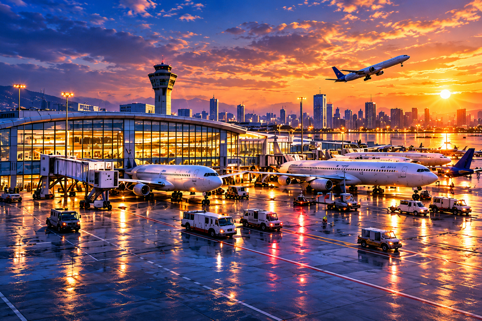 夕陽下的航空樞紐、塔台、停靠航廈的多架客機與遠方城市