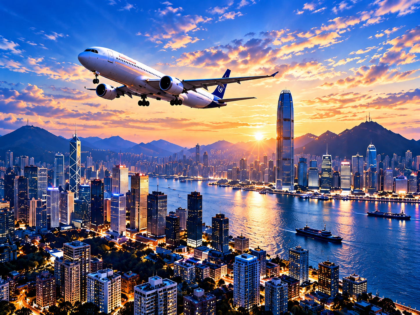 客機飛越夕陽中的亞洲濱海城市天際線