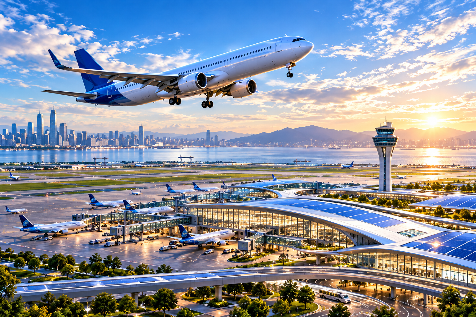 客機飛越現代國際機場，前景有太陽能板屋頂與塔台