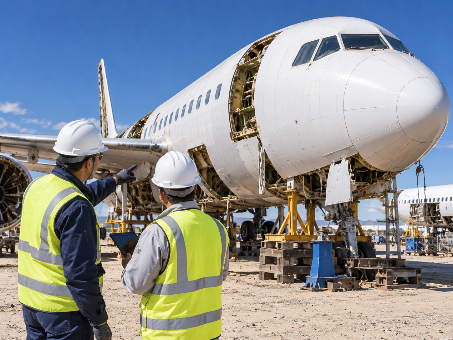 兩名航空工作人員檢視退役客機與評估資料