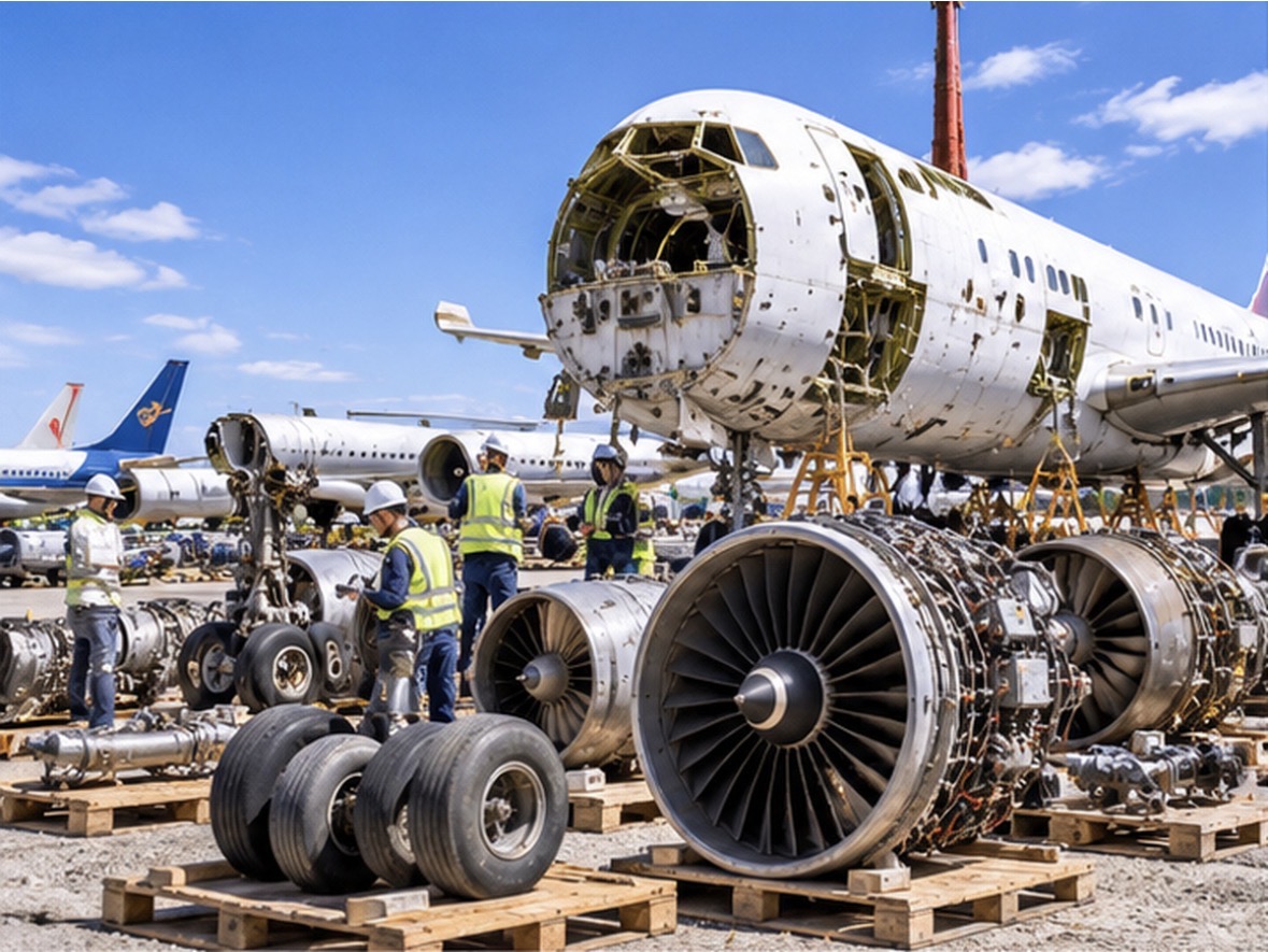 退役客機與前方回收的發動機、起落架及輪胎