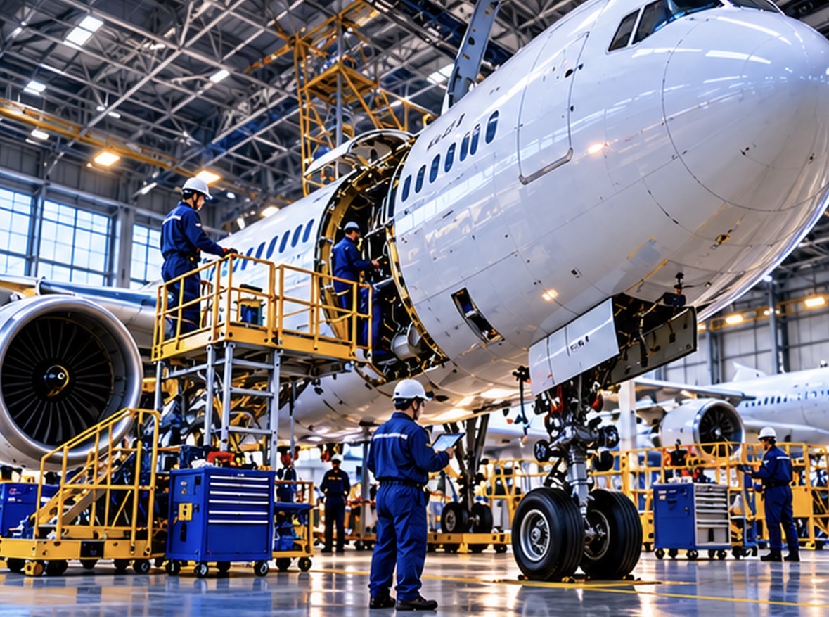 客機在機棚接受工程師與高架平台維修檢查