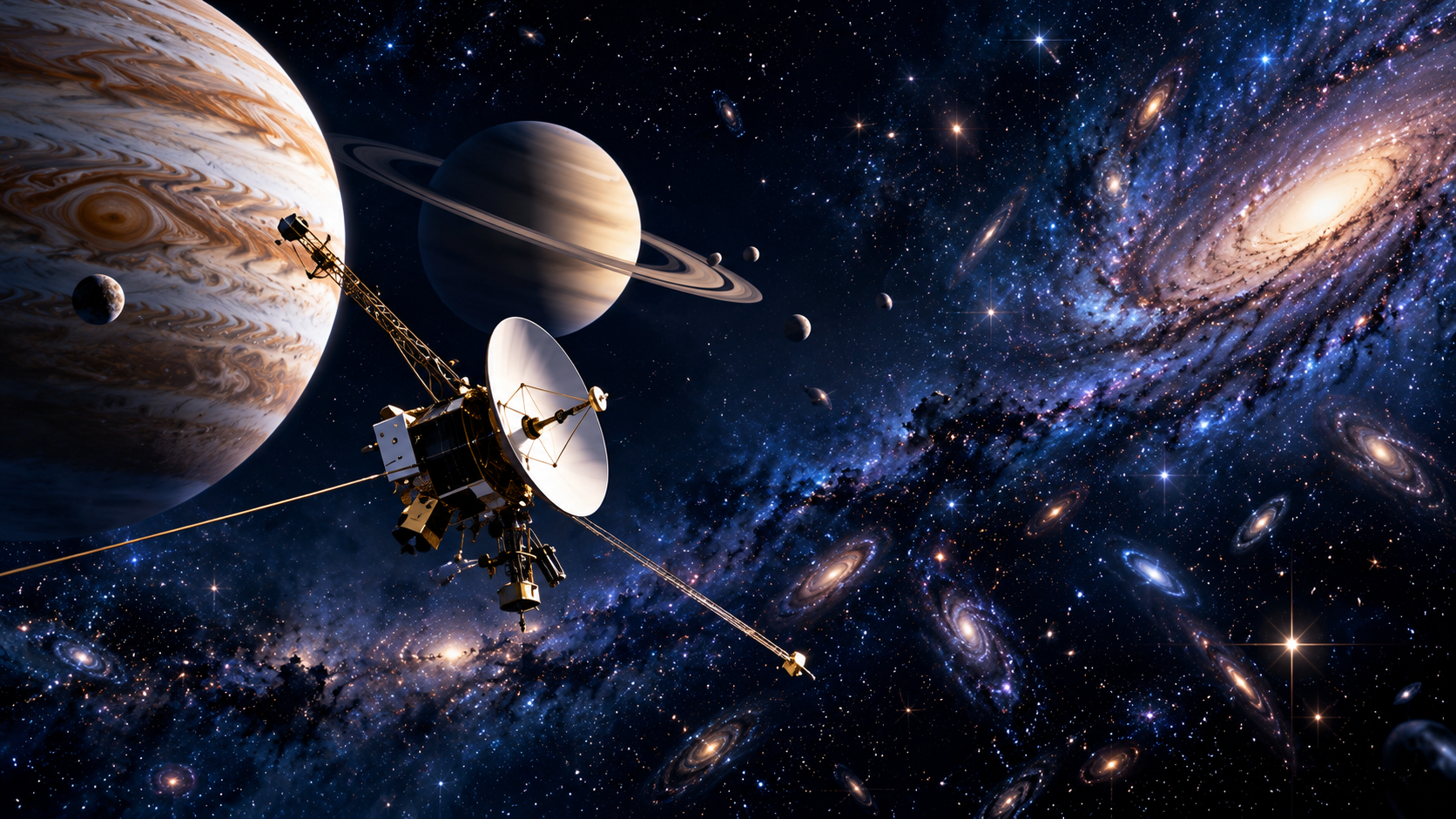白色碟形天線探測器與木星、土星及遙遠星系的創意合成示意。