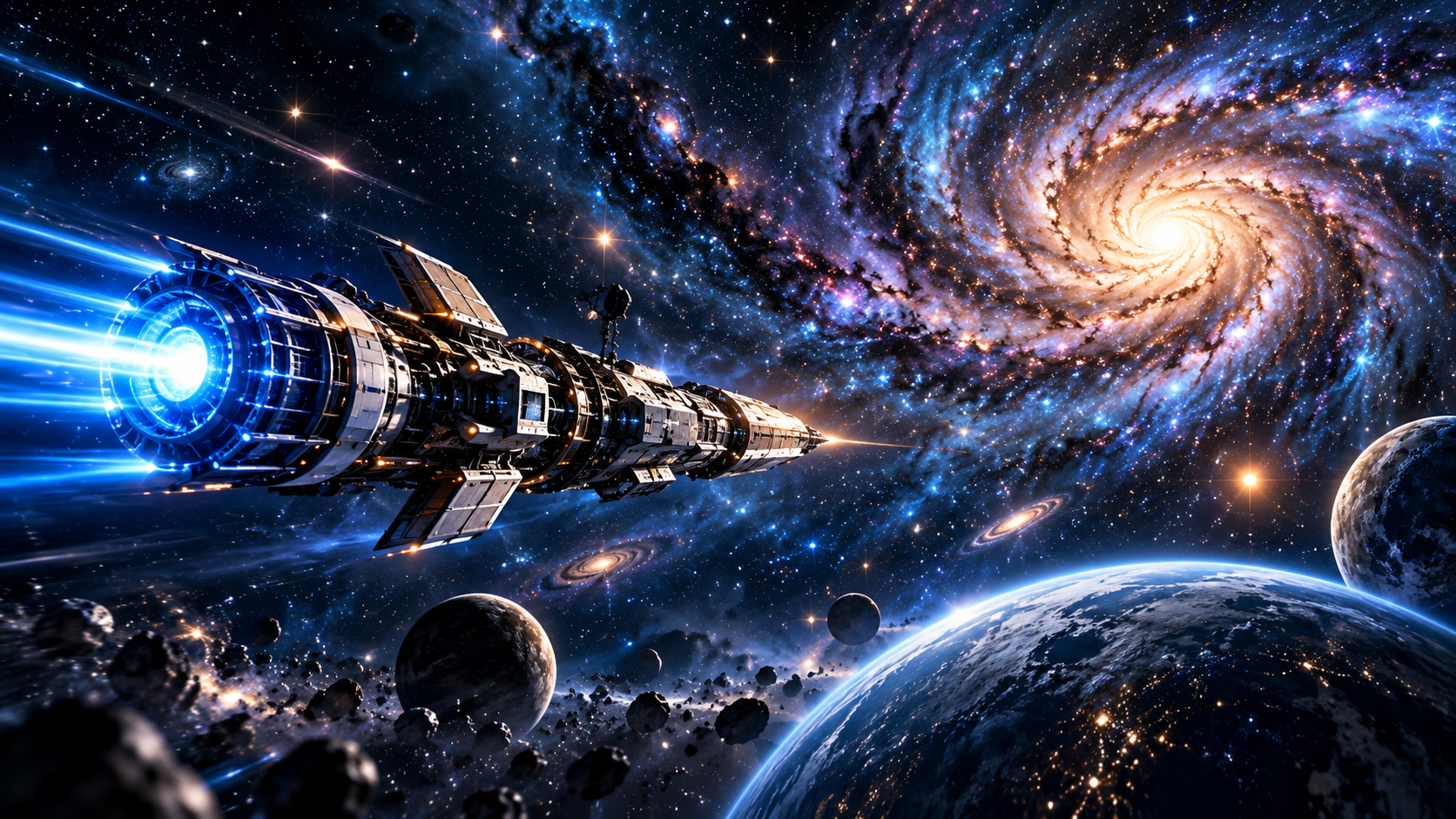 藍色發光推進器的未來飛船、螺旋星系與行星，屬假想場景。