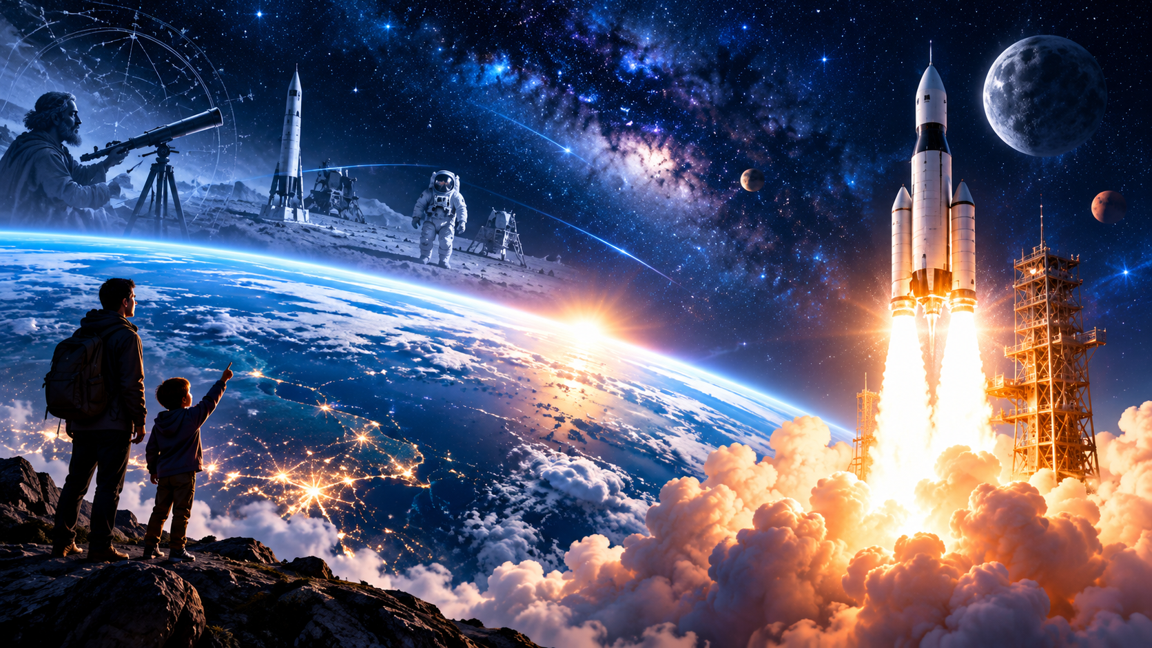 從天文觀測、月面探索到火箭升空的太空探索示意圖 / Space exploration illustration from astronomy to rocket flight