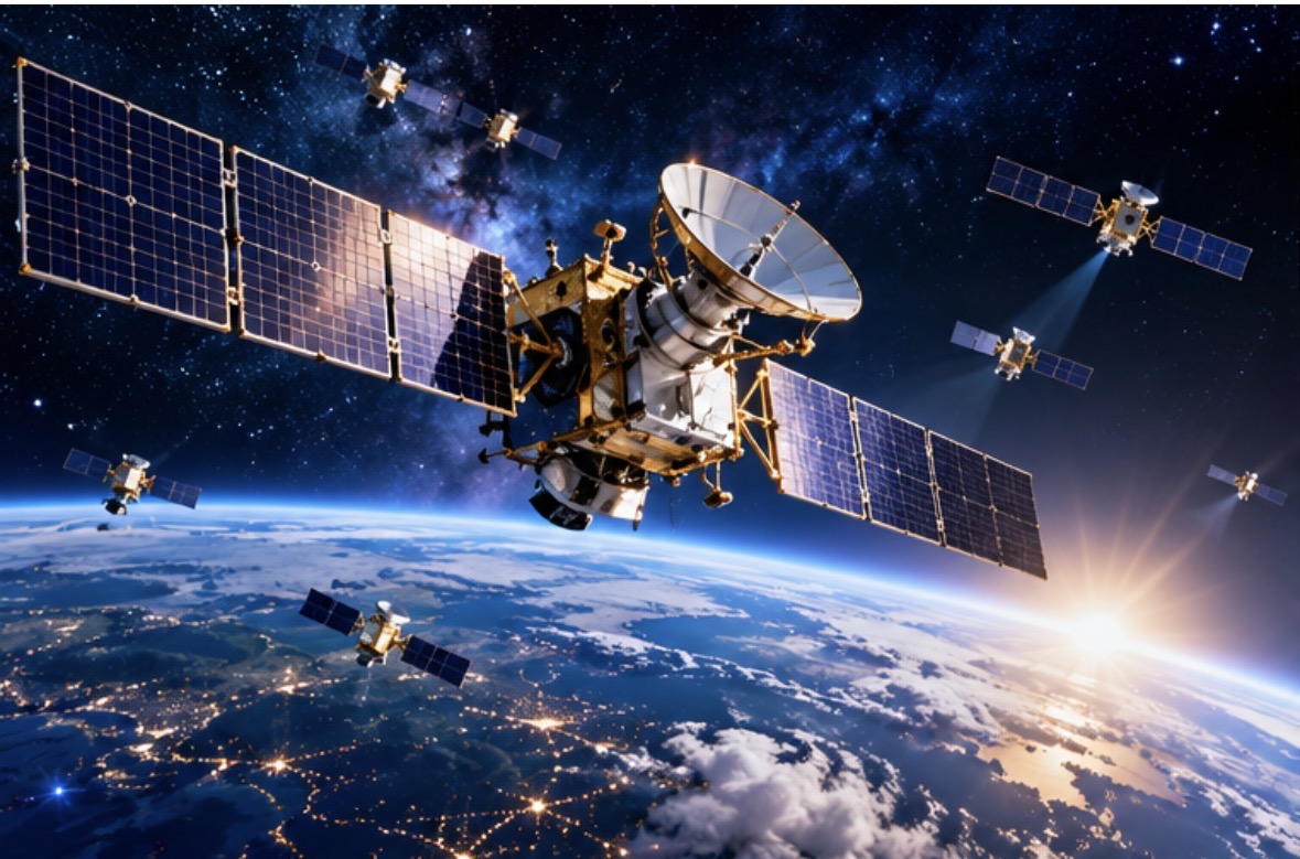 地球上空具有大型天線與太陽能板的通訊衛星,周圍有多顆小型衛星示意圖