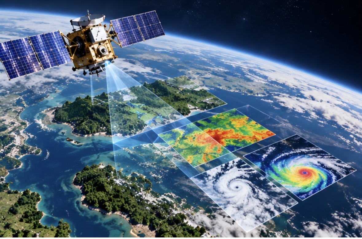 地球觀測衛星掃描地表,呈現農業、環境與氣象資料圖層的示意圖