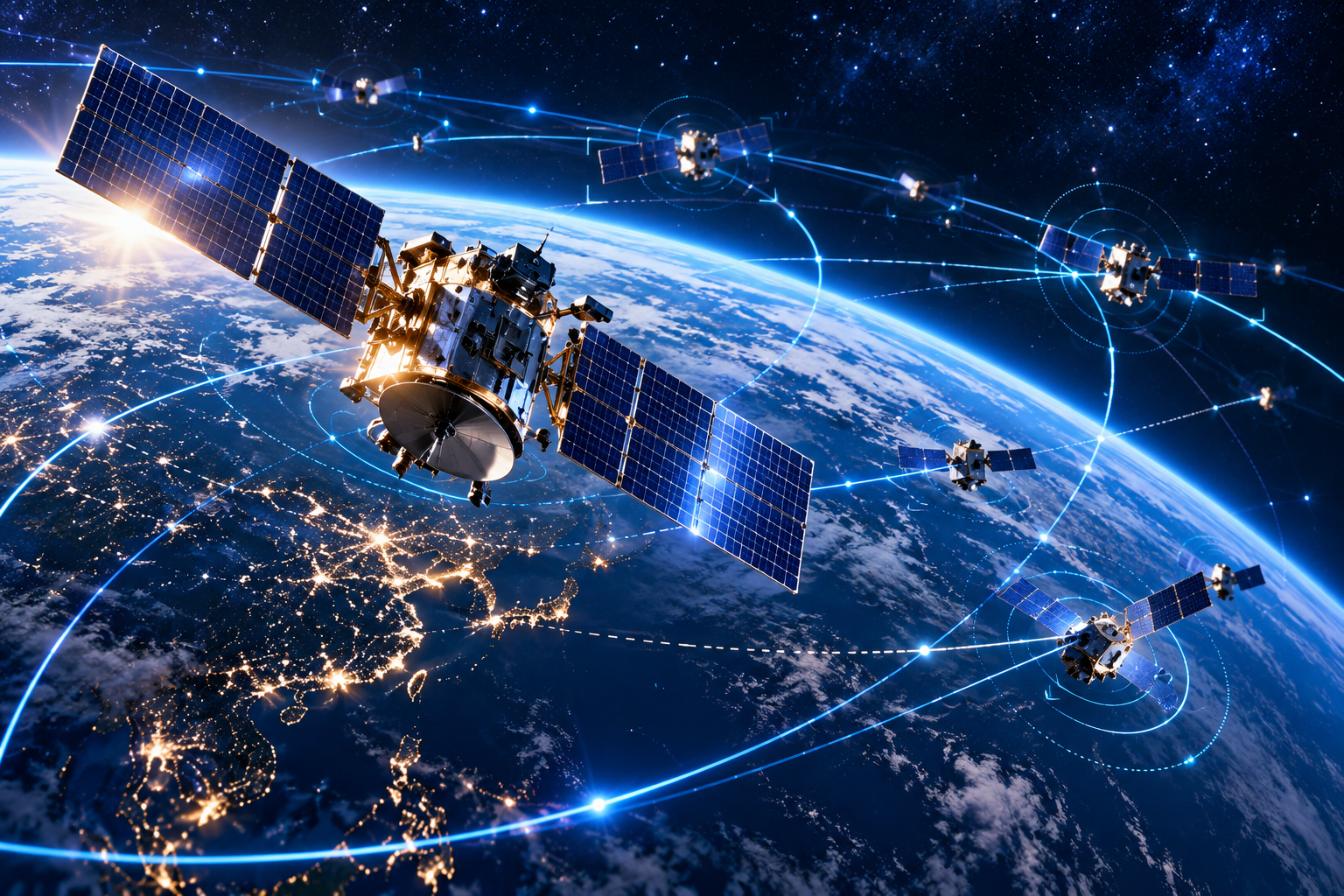 多顆運作中衛星與藍色軌道追蹤路徑的示意圖