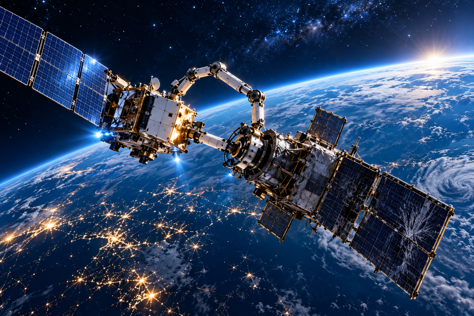 在軌服務載具透過機械臂接近失效衛星的示意圖