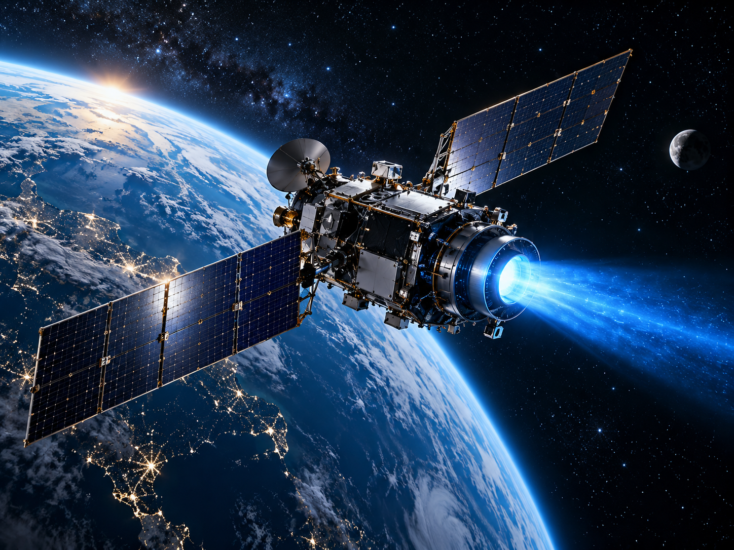 地球上空具有藍色電力推進噴流的衛星示意圖